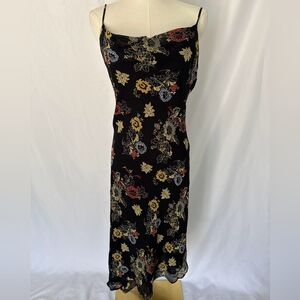 Lily Black Floral Midi Slip Dress with Red, Yellow & Blue Accents